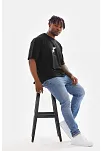 Erkek Baskılı T-shirt Yazlık Kısa Kol Bisiklet Yaka Tişört - Siyah