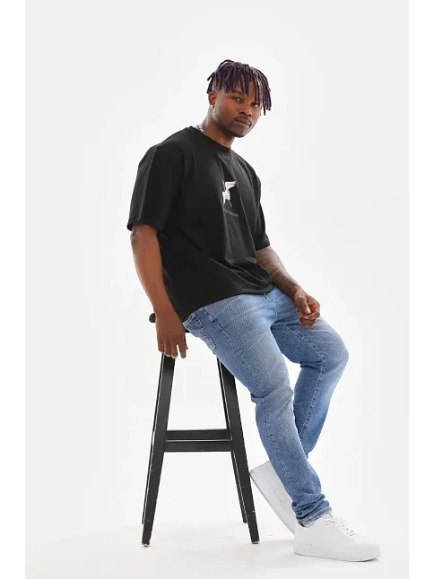 Erkek Baskılı T-shirt Yazlık Kısa Kol Bisiklet Yaka Tişört - Siyah