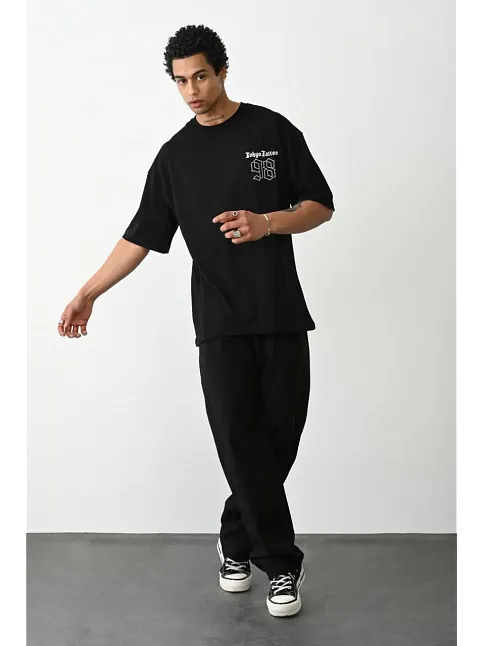 Erkek Kısa Kol Yazlık Tişört Bisiklet Yaka Baskılı Oversize T-shirt - Siyah