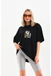 Kadın Baskılı T-shirt Kısa Kol Bisiklet Yaka Oversize Rahat Kalıp Günlük Tişört - Siyah