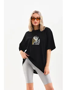 Kadın Baskılı T-shirt Kısa Kol Bisiklet Yaka Oversize Rahat Kalıp Günlük Tişört - Siyah