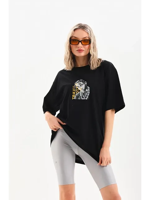 Kadın Baskılı T-shirt Kısa Kol Bisiklet Yaka Oversize Rahat Kalıp Günlük Tişört - Siyah