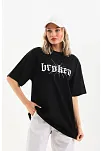 Kadın Kısa Kol Yazlık Tişört Bisiklet Yaka Baskılı Oversize T-shirt - Siyah