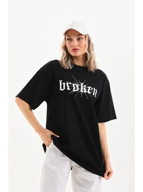 Kadın Kısa Kol Yazlık Tişört Bisiklet Yaka Baskılı Oversize T-shirt - Siyah