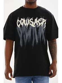 Erkek Baskılı T-shirt Kısa Kol Bisiklet Yaka Rahat Kalıp Tişört - Siyah
