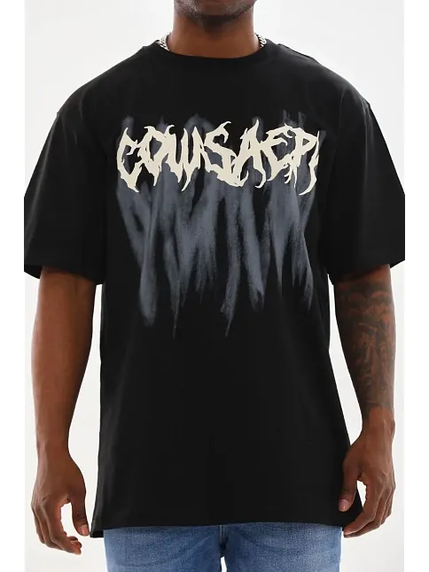 Erkek Baskılı T-shirt Kısa Kol Bisiklet Yaka Rahat Kalıp Tişört - Siyah
