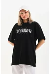 Kadın Kısa Kol Yazlık Tişört Bisiklet Yaka Baskılı Oversize T-shirt - Siyah