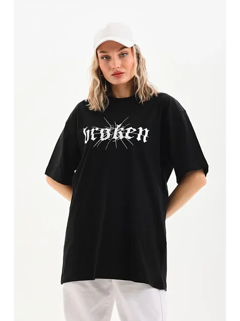 Kadın Kısa Kol Yazlık Tişört Bisiklet Yaka Baskılı Oversize T-shirt - Siyah