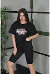 Kadın Kısa Kol Yazlık Tişört Bisiklet Yaka Baskılı Oversize T-shirt - Siyah
