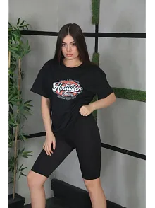 Kadın Kısa Kol Yazlık Tişört Bisiklet Yaka Baskılı Oversize T-shirt - Siyah