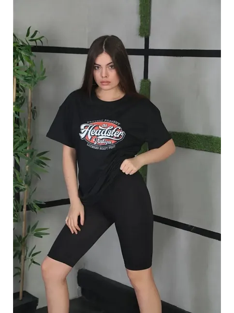 Kadın Kısa Kol Yazlık Tişört Bisiklet Yaka Baskılı Oversize T-shirt - Siyah