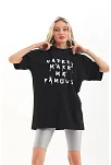 Kadın Kısa Kol Yazlık Tişört Bisiklet Yaka Baskılı Oversize T-shirt - Siyah