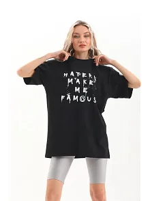 Kadın Kısa Kol Yazlık Tişört Bisiklet Yaka Baskılı Oversize T-shirt - Siyah