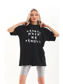 Kadın Kısa Kol Yazlık Tişört Bisiklet Yaka Baskılı Oversize T-shirt - Siyah
