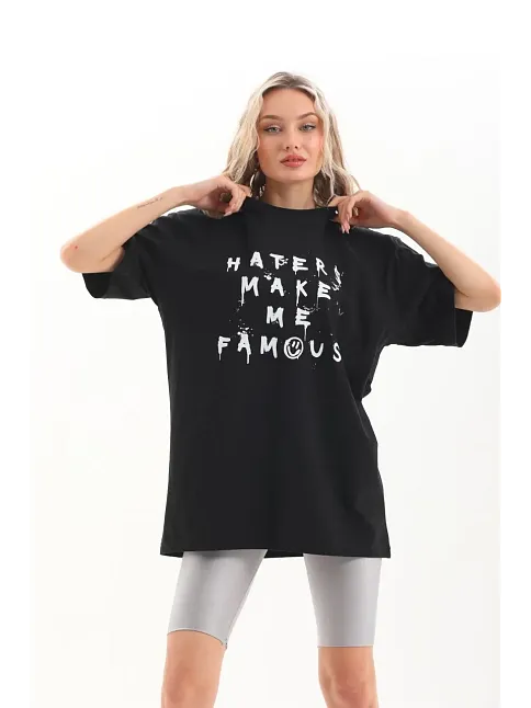 Kadın Kısa Kol Yazlık Tişört Bisiklet Yaka Baskılı Oversize T-shirt - Siyah