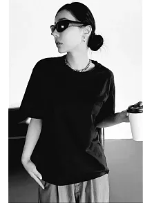Kadın Baskılı T-shirt Kısa Kol Bisiklet Yaka Oversize Rahat Kalıp Tişört T-shirt - Siyah