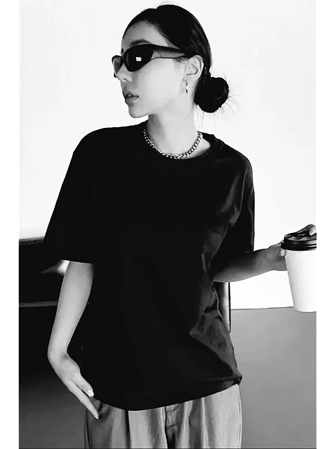 Kadın Baskılı T-shirt Kısa Kol Bisiklet Yaka Oversize Rahat Kalıp Tişört T-shirt - Siyah