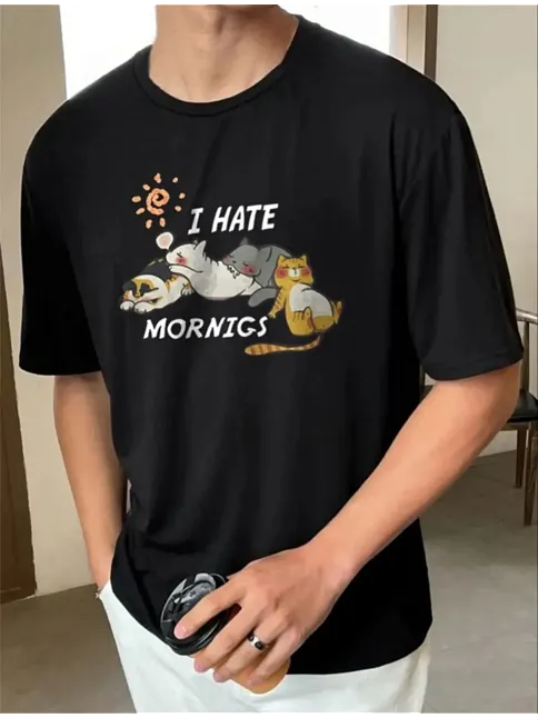 Erkek Baskılı T-shirt Kısa Kol Bisiklet Yaka Regular Fit Rahat Kalıp Günlük Tişört - Siyah