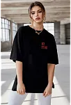 Kadın Baskılı T-shirt Kısa Kol Bisiklet Yaka Oversize Rahat Kalıp Tişört - Siyah