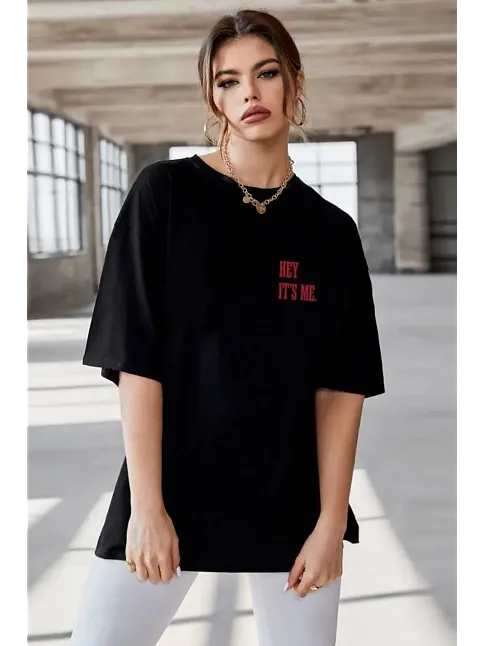 Kadın Baskılı T-shirt Kısa Kol Bisiklet Yaka Oversize Rahat Kalıp Tişört - Siyah