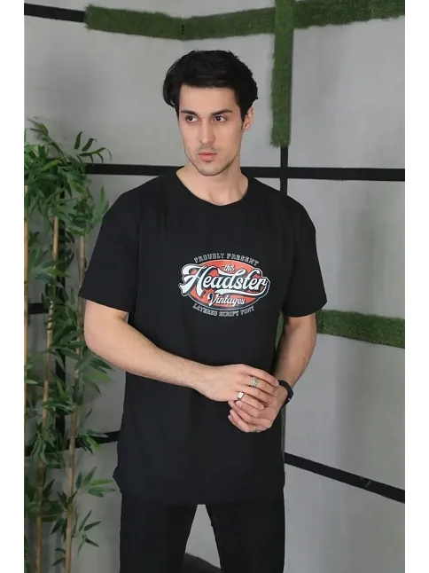 Erkek Baskılı T-shirt Kısa Kol Bisiklet Yaka Regular Fit Rahat Kalıp Günlük Tişört - Siyah