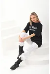 Kadın Baskılı Tişört Kısa Kol Bisiklet Yaka Oversize T-shirt - Siyah