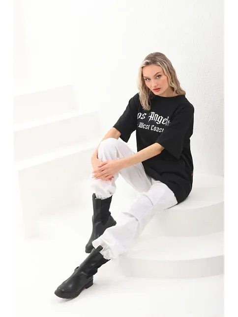 Kadın Baskılı Tişört Kısa Kol Bisiklet Yaka Oversize T-shirt - Siyah