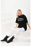 Kadın Baskılı Tişört Kısa Kol Bisiklet Yaka Oversize T-shirt - Siyah