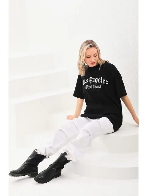 Kadın Baskılı Tişört Kısa Kol Bisiklet Yaka Oversize T-shirt - Siyah