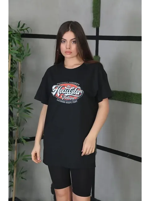 Kadın Kısa Kol Yazlık Tişört Bisiklet Yaka Baskılı Oversize T-shirt - Siyah