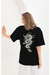 Kadın Kısa Kol Yazlık Tişört Bisiklet Yaka Ejderha Baskılı T-shirt - Siyah