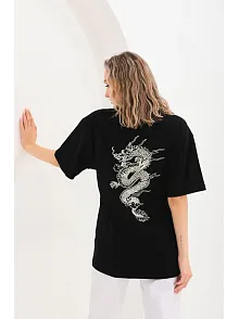 Kadın Kısa Kol Yazlık Tişört Bisiklet Yaka Ejderha Baskılı T-shirt - Siyah