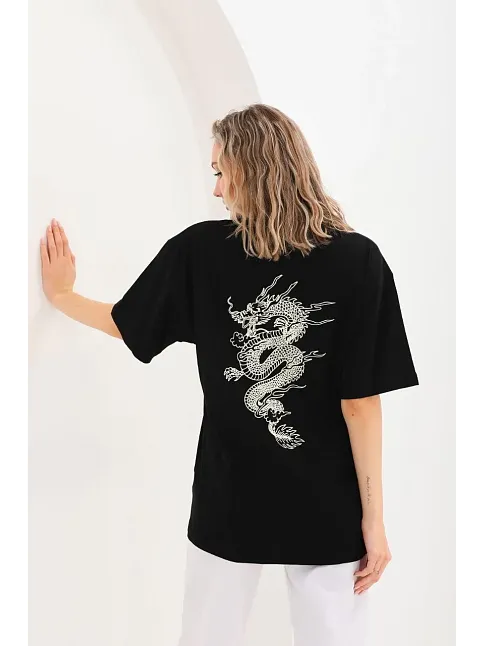 Kadın Kısa Kol Yazlık Tişört Bisiklet Yaka Ejderha Baskılı T-shirt - Siyah