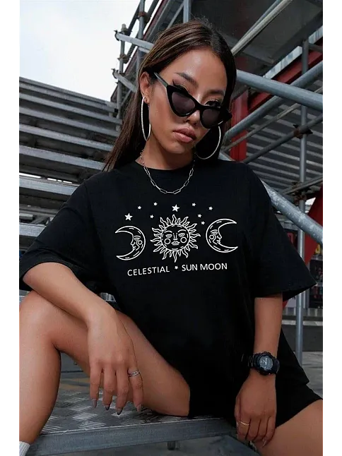 Kadın Baskılı T-shirt Kısa Kol Bisiklet Yaka Oversize Rahat Kalıp Tişört - Siyah