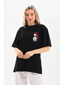 Kadın Kısa Kol Yazlık Tişört Bisiklet Yaka Baskılı Oversize T-shirt - Siyah