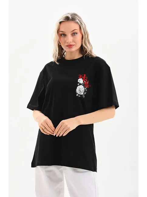 Kadın Kısa Kol Yazlık Tişört Bisiklet Yaka Baskılı Oversize T-shirt - Siyah