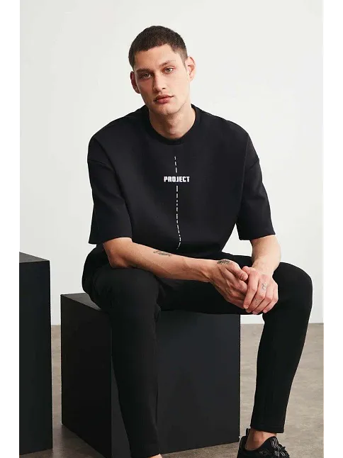 Erkek Baskılı T-shirt Kısa Kol Bisiklet Yaka Regular Fit Rahat Kalıp Tişört - Siyah