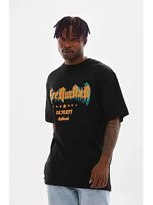 Erkek Baskılı T-shirt Kısa Kol Bisiklet Yaka Rahat Kalıp Tişört - Siyah