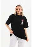 Kadın Kısa Kol Yazlık Tişört Bisiklet Yaka Baskılı Oversize T-shirt - Siyah