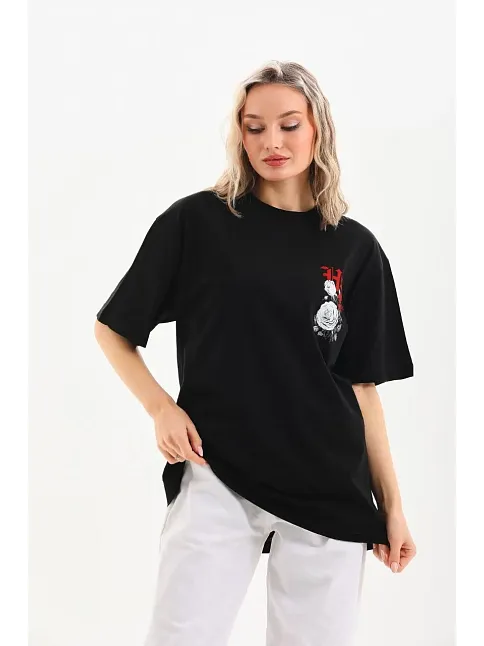 Kadın Kısa Kol Yazlık Tişört Bisiklet Yaka Baskılı Oversize T-shirt - Siyah