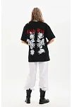 Kadın Kısa Kol Yazlık Tişört Bisiklet Yaka Baskılı Oversize T-shirt - Siyah