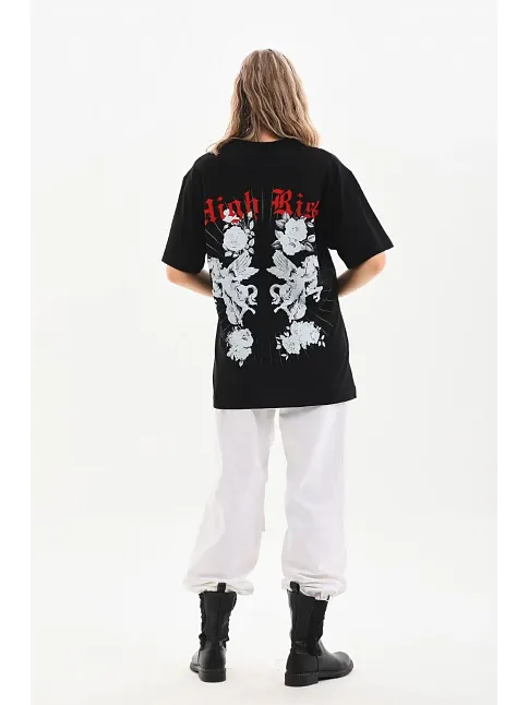 Kadın Kısa Kol Yazlık Tişört Bisiklet Yaka Baskılı Oversize T-shirt - Siyah