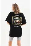 Kadın Kısa Kol Yazlık Tişört Bisiklet Yaka Baskılı Oversize T-shirt - Siyah