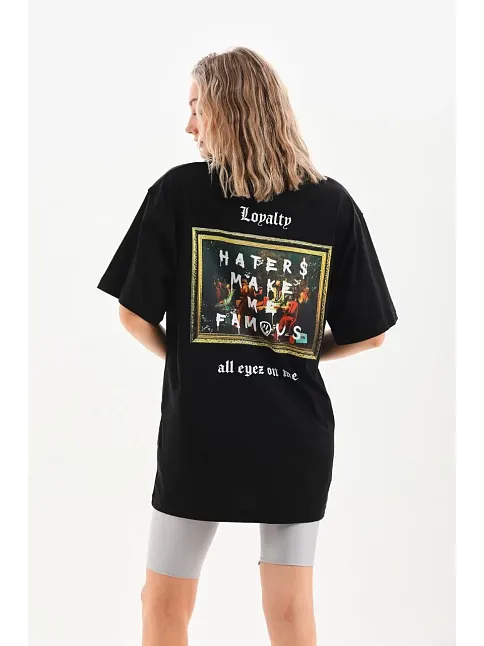 Kadın Kısa Kol Yazlık Tişört Bisiklet Yaka Baskılı Oversize T-shirt - Siyah
