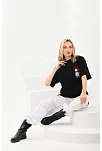 Kadın Kısa Kol Yazlık Tişört Bisiklet Yaka Baskılı Oversize T-shirt - Siyah