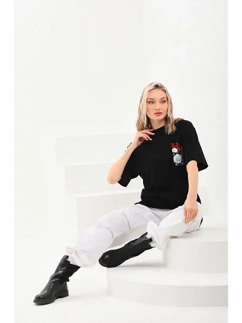 Kadın Kısa Kol Yazlık Tişört Bisiklet Yaka Baskılı Oversize T-shirt - Siyah