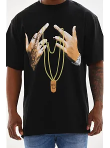 Erkek Baskılı T-shirt Kısa Kol Bisiklet Yaka Rahat Kalıp Günlük Tişört - Siyah