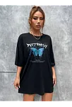 Kadın Kelebek Baskılı Oversize Kısa Kol T-shirt - Siyah