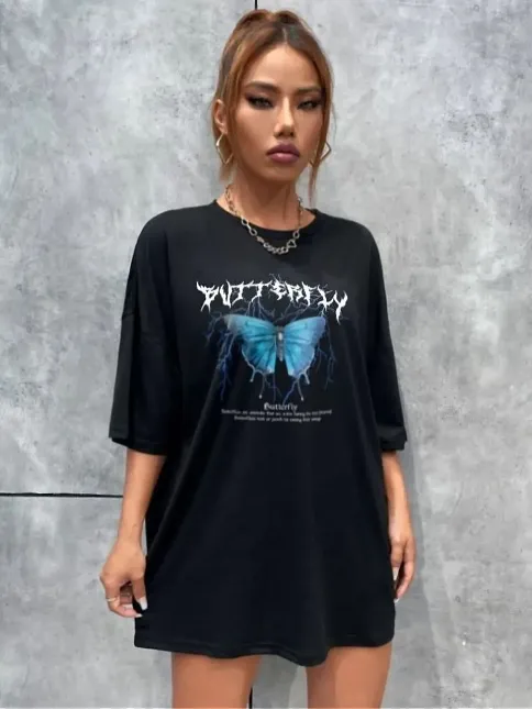 Kadın Kelebek Baskılı Oversize Kısa Kol T-shirt - Siyah