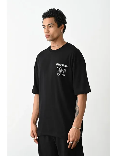 Erkek Kısa Kol Yazlık Tişört Bisiklet Yaka Baskılı Oversize T-shirt - Siyah